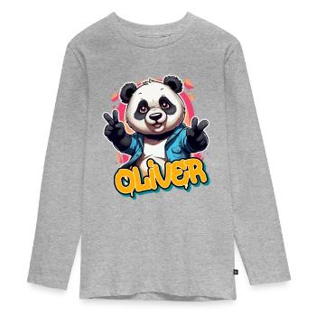 OLIVER - Beau nom de garçon avec Cool Panda - T-shirt manches longues Premium Ado - gris chiné - Devant