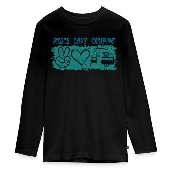 PEACE LOVE CAMPING. Outdoor, Holiday, Leisure, - Teenager Premium Organic Long Sleeve Shirt - black - Front - AI Model Kid Female (0cm)