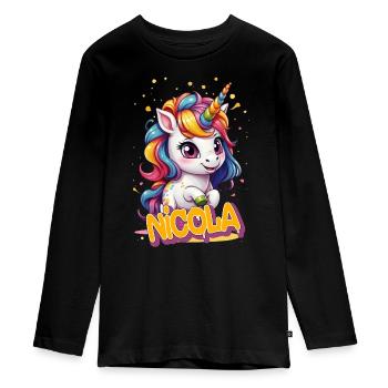 NICOLA - Beautiful girl name with cute unicorn - Teenager Premium Organic Long Sleeve Shirt - black - Front - AI Model Kid Female (0cm)