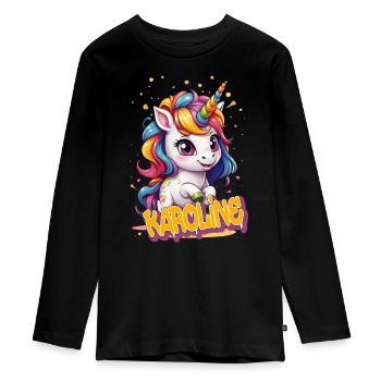 KAROLINE - Beau prénom de fille avec une jolie licorne - T-shirt manches longues Premium Ado - noir - Devant - AI Model Kid Female (0cm)