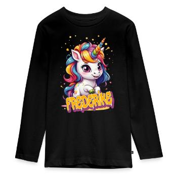 FREDERIKE - Beautiful girl name with cute unicorn - Teenager Premium Organic Long Sleeve Shirt - black - Front - AI Model Kid Female (0cm)