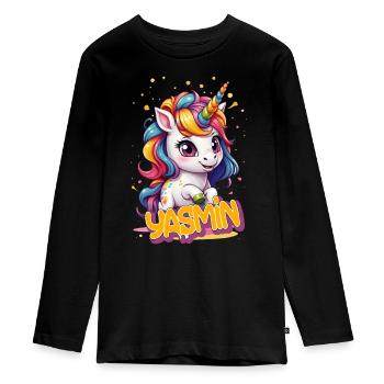 YASMIN - Beau nom de fille avec licorne mignonne - T-shirt manches longues Premium Ado - noir - Devant - AI Model Kid Female (0cm)