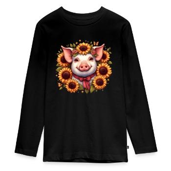 Cochon avec arc et tournesols - T-shirt manches longues Premium Ado - noir - Devant - AI Model Kid Female (0cm)