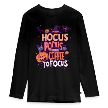 Hocus Pocus Halloween Kaffee Kürbis Fledermäuse - Teenager Premium Bio Langarmshirt - Schwarz - Vorne - AI Model Kid Female (0cm)
