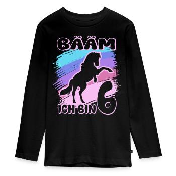 Bääm ich bin 6 | Pferde Mädchen | Reiterin - Teenager Premium Bio Langarmshirt - Schwarz - Vorne - AI Model Kid Female (0cm)