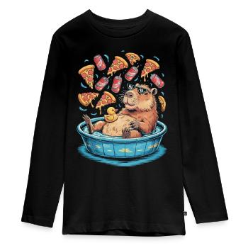 Capybara chill zone - pizza, soda, relaxation - Teenager Premium Organic Long Sleeve Shirt - black - Front - AI Model Kid Female (0cm)