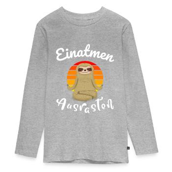 Einatmen Ausrasten Yoga Faultier - Teenager Premium Bio Langarmshirt - Grau meliert - Vorne