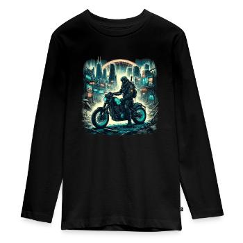 Glowing Road Warrior: Neon Dystopia Ride - Teenager Premium Bio Langarmshirt - Schwarz - Vorne - AI Model Kid Female (0cm)