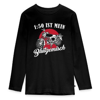 DDR Moped Spruch // 1:50 ist mein Blutgemisch - Teenager Premium Bio Langarmshirt - Schwarz - Vorne - AI Model Kid Female (0cm)