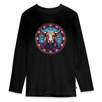 Stained Glass Art - Stylish Colorful Cow - Teenager Premium Organic Long Sleeve Shirt - black - Front - AI Model Kid Female (0cm)