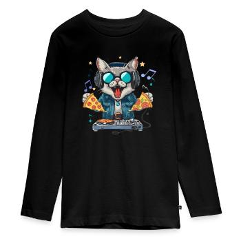 Disque Jockey Pizza Chat de l’Espace - Interstellaire - T-shirt manches longues Premium Ado - noir - Devant - AI Model Kid Female (0cm)