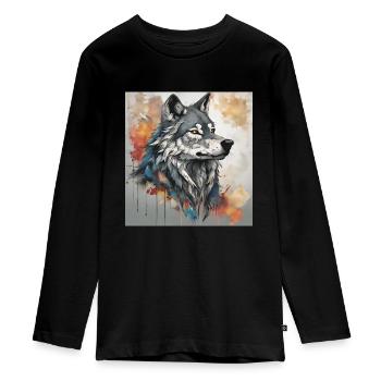 Loup avec fond de taches de couleur. - T-shirt manches longues Premium Ado - noir - Devant - AI Model Kid Female (0cm)