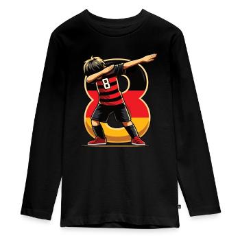 8 Jahre Junge Fussball Schwarz Rot Gold - Teenager Premium Bio Langarmshirt - Schwarz - Vorne - AI Model Kid Female (0cm)