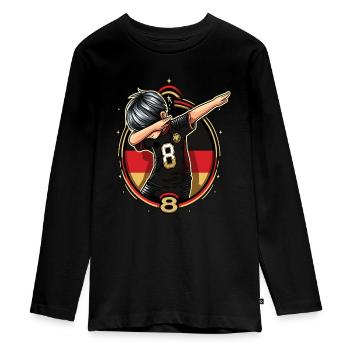 8 Jahre Junge Fussball Schwarz Rot Gold - Teenager Premium Bio Langarmshirt - Schwarz - Vorne - AI Model Kid Female (0cm)