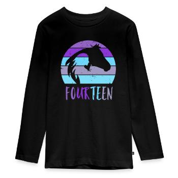 Geburtstag 14 Mädchen Pferd Reiten Stall Fourteen - Teenager Premium Bio Langarmshirt - Schwarz - Vorne - AI Model Kid Female (0cm)