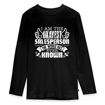Verkoper Okayest Verkoper - Tieners Premium Bio shirt met lange mouwen - zwart - Voor - AI Model Kid Female (0cm)
