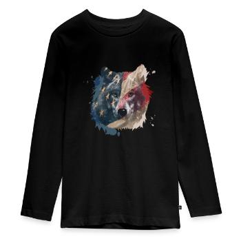 Wolf American Flag USA America - Teenager Premium Bio Langarmshirt - Schwarz - Vorne - AI Model Kid Female (0cm)
