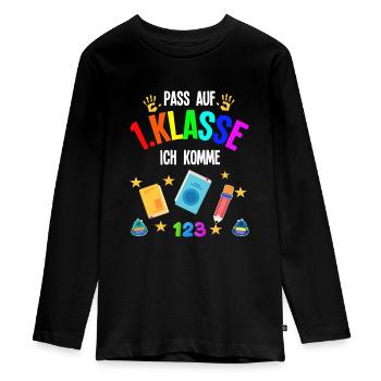1.Klasse Schulanfang Schulanfänger Geschenk - Teenager Premium Bio Langarmshirt - Schwarz - Vorne - AI Model Kid Female (0cm)
