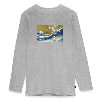 Corgi Hund Surfen Die große Welle - Teenager Premium Bio Langarmshirt - Grau meliert - Vorne