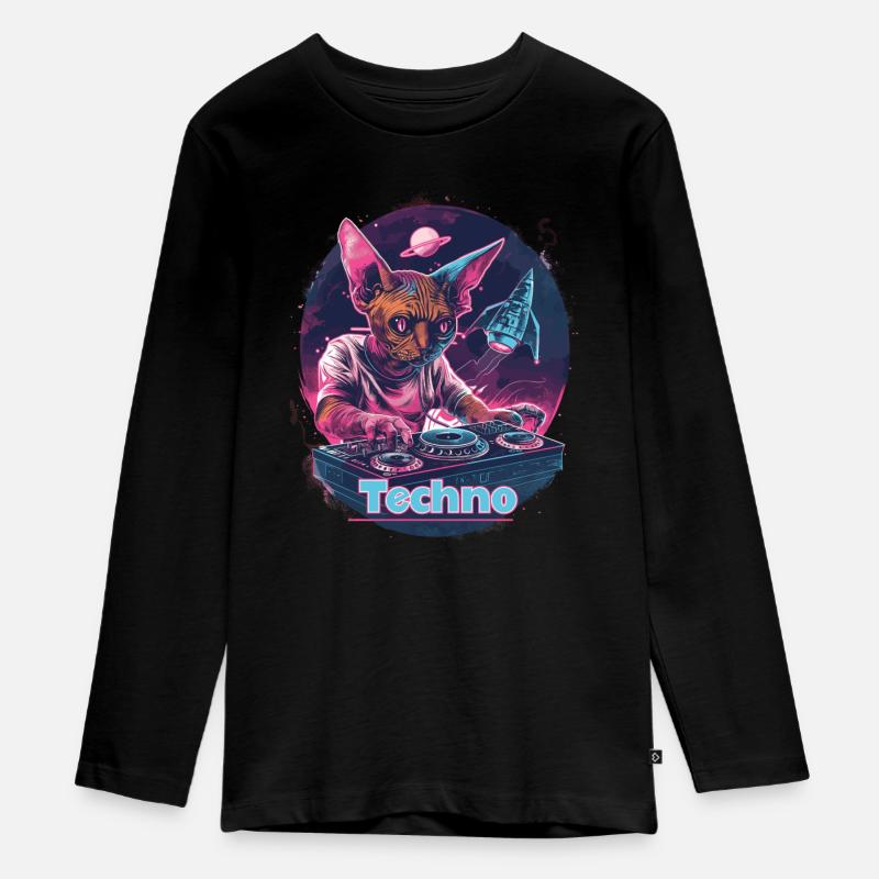 Techno DJ Rave Space Cat - Teenager Premium Bio Langarmshirt - Schwarz