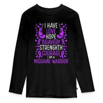 Migraine Awareness Peace Hope Migraine Warrior - Teenager Premium Organic Long Sleeve Shirt - black - Front - AI Model Kid Female (0cm)