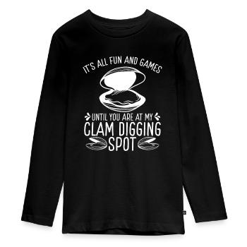 Clam Spot Clamming Rake Funny Clam Digger - Teenager Premium Organic Long Sleeve Shirt - black - Front - AI Model Kid Female (0cm)