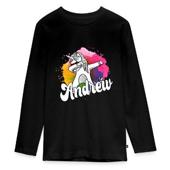 ANDREW - Beau nom de garçon avec une licorne cool - T-shirt manches longues Premium Ado - noir - Devant - AI Model Kid Female (0cm)