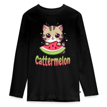 Katze mit Melone - Teenager Premium Bio Langarmshirt - Schwarz - Vorne - AI Model Kid Female (0cm)
