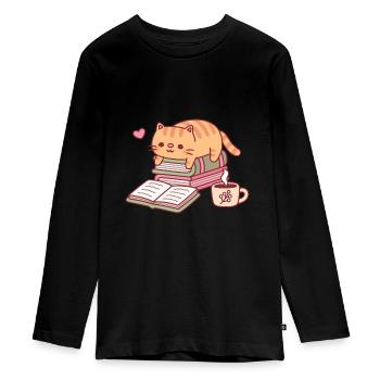 Cute Ginger Cat Reading A Book - Teenager Premium Organic Long Sleeve Shirt - black - Front - AI Model Kid Female (0cm)