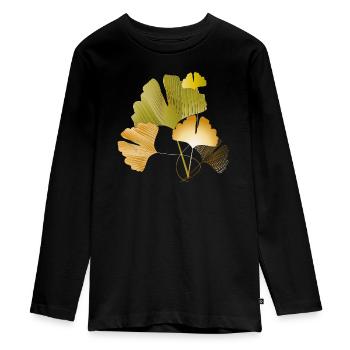 Feuilles élégantes de ginkgo doré et vert - T-shirt manches longues Premium Ado - noir - Devant - AI Model Kid Female (0cm)