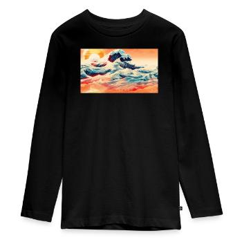 Wellen bei Sonnenuntergang in Ukiyoe - Teenager Premium Bio Langarmshirt - Schwarz - Vorne - AI Model Kid Female (0cm)