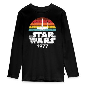 Star Wars Schriftzug 1977 Mit Raumschiff Retro - Teenager Premium Bio Langarmshirt - Schwarz - Vorne - AI Model Kid Female (0cm)
