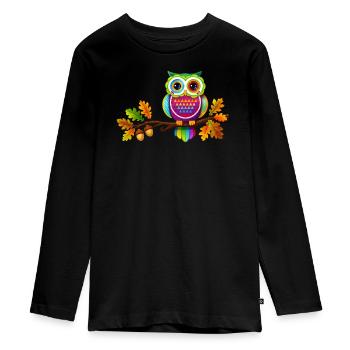 Hibou coloré sur une branche avec des feuilles d’automne - T-shirt manches longues Premium Ado - noir - Devant - AI Model Kid Female (0cm)