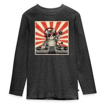 Katzen-DJ Retro Pop Art - Teenager Premium Bio Langarmshirt - Anthrazit meliert - Vorne - AI Model Kid Female (0cm)