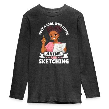 Nur Ein Mädchen, Das Anime Liebt Und Afro Zeichnet - Teenager Premium Bio Langarmshirt - Anthrazit meliert - Vorne - AI Model Kid Female (0cm)