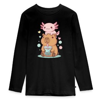 Kawaii Capybara mit Axolotl Bubble Tea - Teenager Premium Bio Langarmshirt - Schwarz - Vorne - AI Model Kid Female (0cm)