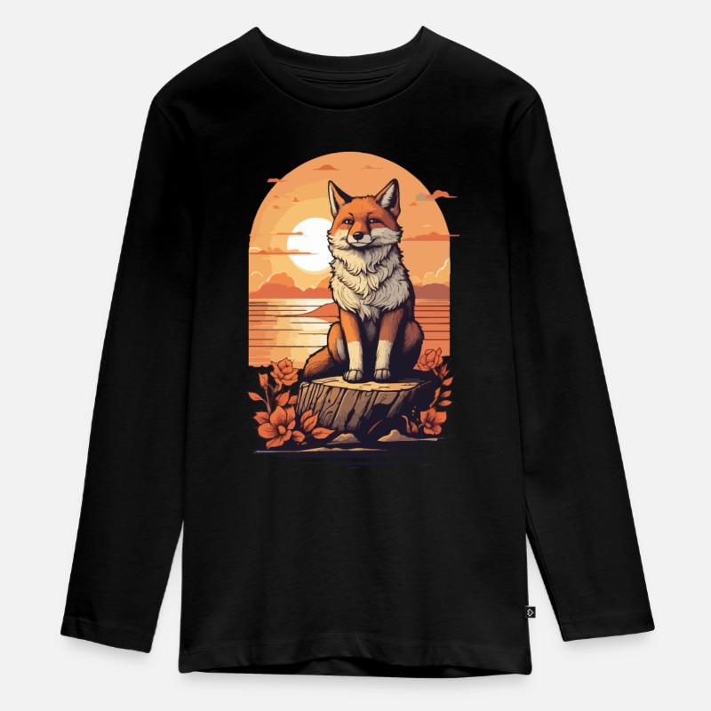 Mignon renard cool regardant le coucher du soleil - T-shirt manches longues Premium Ado - noir