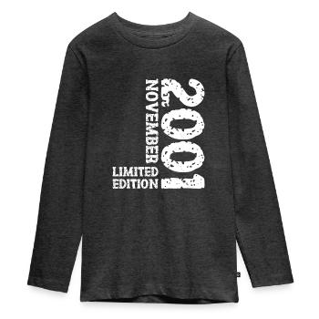 2001 November Limited Edition 22. Geburtstag Deko - Teenager Premium Bio Langarmshirt - Anthrazit meliert - Vorne - AI Model Kid Female (0cm)