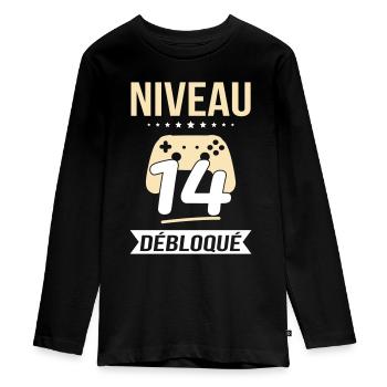 Anniversaire 14 ans - Niveau 14 débloqué - Gamer - T-shirt manches longues Premium Ado - noir - Devant - AI Model Kid Female (0cm)