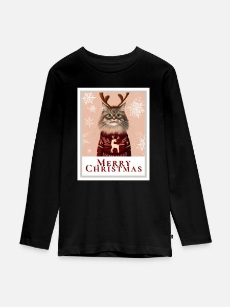 Süße sibirische Katze im Weihnachtspullover. - Teenager Premium Bio Langarmshirt - Schwarz