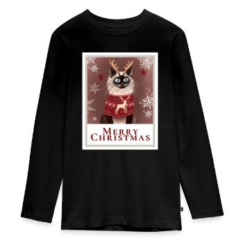 Cute Siberian cat in asweater with reindeer. - Teenager Premium Organic Long Sleeve Shirt - black - Front - AI Model Kid Female (0cm)