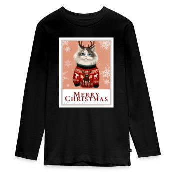 Christmas Siberian cat with reindeer on a sweater. - Teenager Premium Organic Long Sleeve Shirt - black - Front - AI Model Kid Female (0cm)