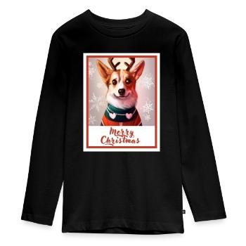 A dog (Pembroke Corgi) in a red Christmas sweater. - Teenager Premium Organic Long Sleeve Shirt - black - Front - AI Model Kid Female (0cm)