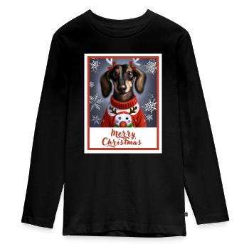 Teckel dans un pull de Noël rouge avec, bonhomme de neige - T-shirt manches longues Premium Ado - noir - Devant - AI Model Kid Female (0cm)