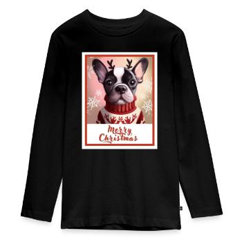 Festive portrait of a French bulldog in a sweater. - Teenager Premium Organic Long Sleeve Shirt - black - Front - AI Model Kid Female (0cm)