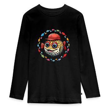 Poisson-globe avec casquette de baseball rouge et poisson coloré - T-shirt manches longues Premium Ado - noir - Devant - AI Model Kid Female (0cm)