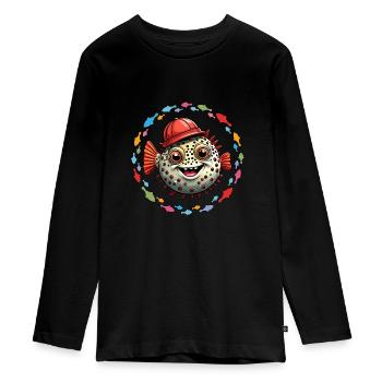 Poisson-globe avec casquette de baseball rouge et poisson coloré - T-shirt manches longues Premium Ado - noir - Devant - AI Model Kid Female (0cm)