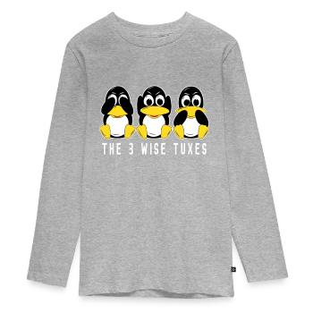 3 Linux Pinguine höre sehen sprechen Informatiker - Teenager Premium Bio Langarmshirt - Grau meliert - Vorne