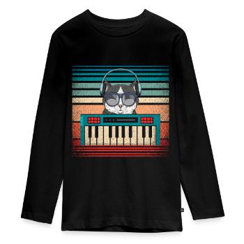 Synthétiseur keyboard producteur de musique chat - T-shirt manches longues Premium Ado - noir - Devant - AI Model Kid Female (0cm)