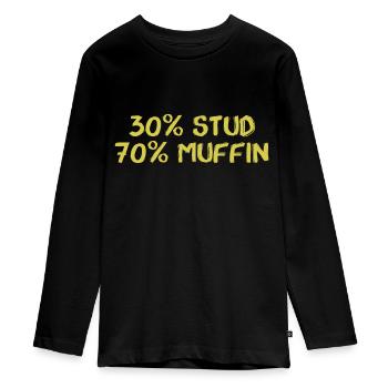 Humorous Charm – 30% Stud 70% Muffin - Teenager Premium Organic Long Sleeve Shirt - black - Front - AI Model Kid Female (0cm)